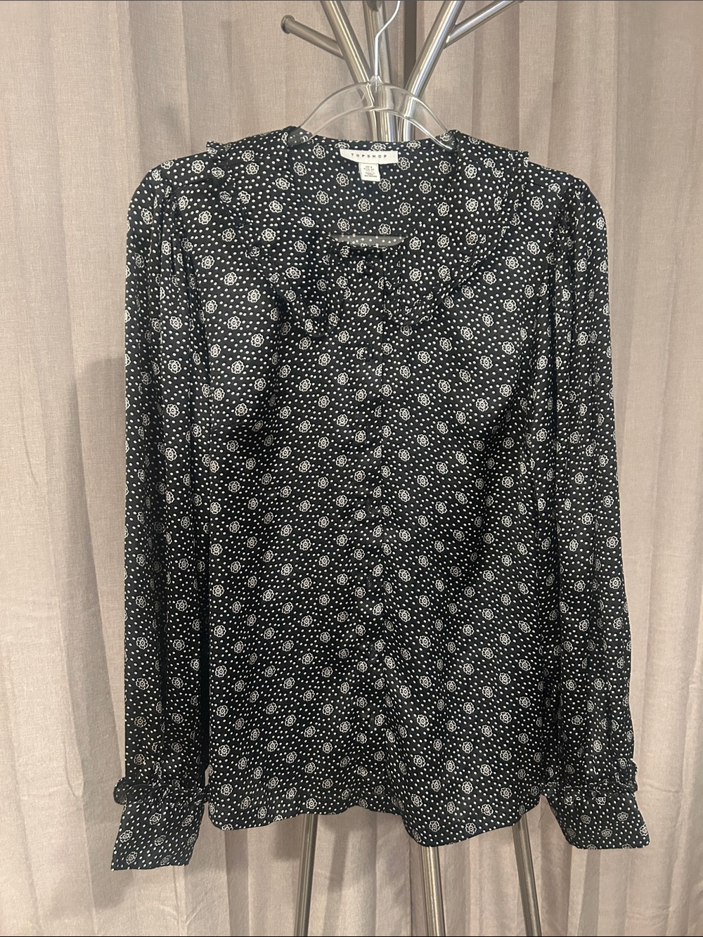 Topshop Black Blouse with White Floral Dot Print